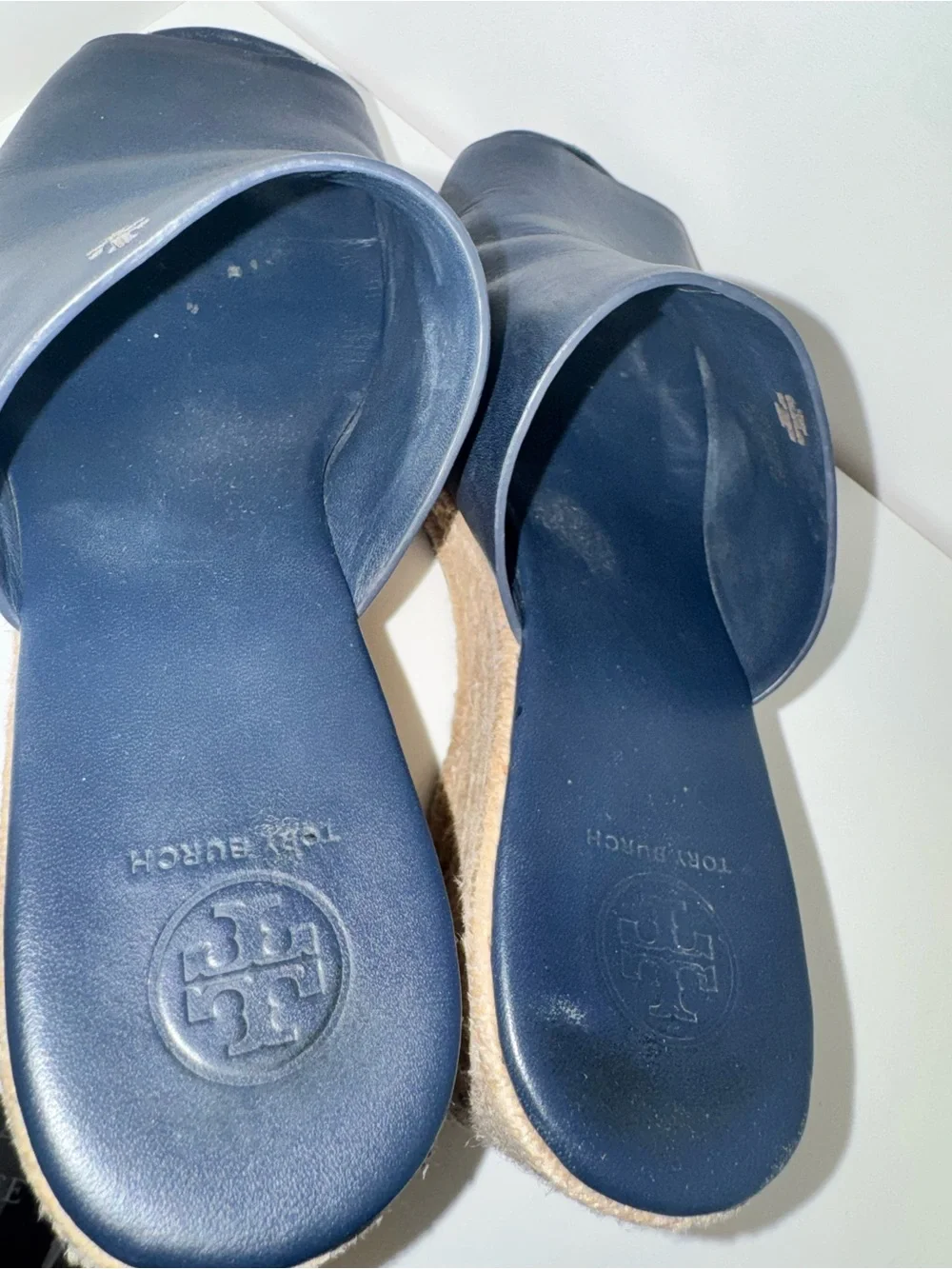 Tory Burch Landon Navy Leather Espadrille Wedge Slide Sandals Size 9